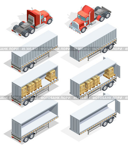 Truck Isometric Icon Set. Colored and realistic truck isometric icon set with truck carrying loads and several types of trailers vector illustration. Стоковая иллюстрация, агентство Ingram Publishing / Фотобанк Лори