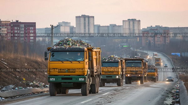 Trucks with garbage are driving. Стоковое AI-изображение, AI-художник Кирилл Черезов / Фотобанк Лори