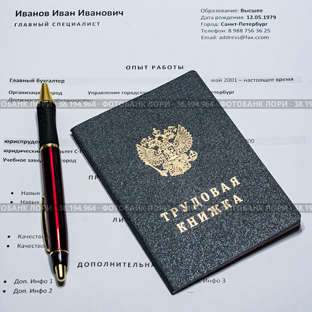 Трудовая книжка и авторучка на резюме крупным планом (2022 год). Редакционное фото, фотограф Анна Аникова / Фотобанк Лори