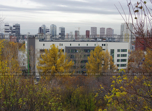 Центральная городская больница № 1, поликлиника № 1 (вид с Метеогорки). Свердловская область, Екатеринбург,  ул. Декабристов, 15. Стоковое фото, фотограф Алексей Иванов / Фотобанк Лори