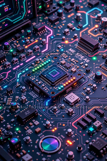 Цветная электронная плата с микросхемой в ярких тонах. Стоковое AI-изображение, AI-художник Валерий Лукин / Фотобанк Лори