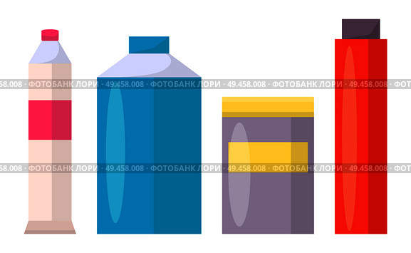 Tubes and jars of all shapes with colorful paints. Liquids to create pictures in capacious and thin containers isolated cartoon vector illustrations.. Tubes and Jars of All Shapes with Colorful Paints. Стоковая иллюстрация, агентство Ingram Publishing / Фотобанк Лори