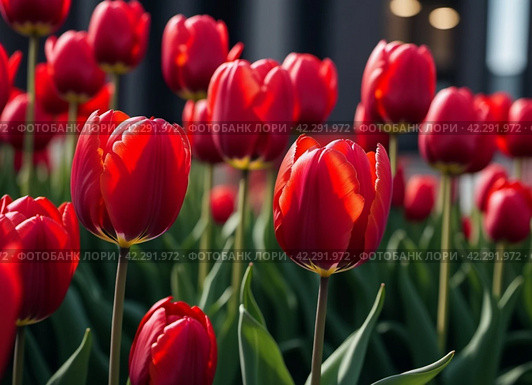 tulip Tulipa bulbous herbs in lily family Liliaceae. Tulips garden flowers cultivars and varieties. Flowers delicate bright reddish red color. Beautiful buds. Landscaping. Variety hybrids. Flower bed. Стоковое AI-изображение, AI-художник Юлия Петровская / Фотобанк Лори