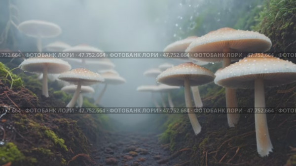 Туманная лесная тропа, открывающаяся благодаря растущим грибам среди пышной зелени и нежного утреннего света. Стоковое AI-видео, аниматор ФотоИнтеллект / Фотобанк Лори