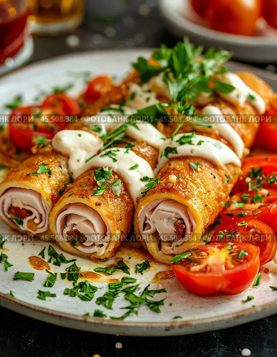 Turkey rolls with ham and cheese. Enjoy your meal! Стоковое AI-изображение, AI-художник Сергей Елизарьев / Фотобанк Лори