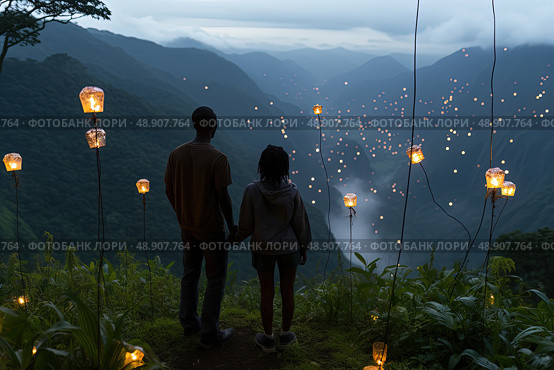 Twilight Serenade: Couple Enchanted by Floating Lanterns in Misty Mountain Valley. Couple stands against backdrop of lush mountain valley, as numerous glowing lanterns ascend into dusky sky. Стоковое AI-изображение, AI-художник Данила Большаков / Фотобанк Лори