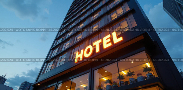 Twilight view of contemporary hotel facade with glowing neon sign, urban skyline backdrop, travel and tourism concept, cityscape lodging option for tourists and business travelers. Стоковое AI-изображение, AI-художник Павел Муравьев / Фотобанк Лори