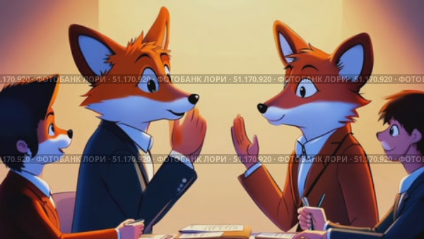 Two animated foxes and two boys hold a business discussion in a bright office environment. Стоковое AI-видео, аниматор Данила Большаков / Фотобанк Лори