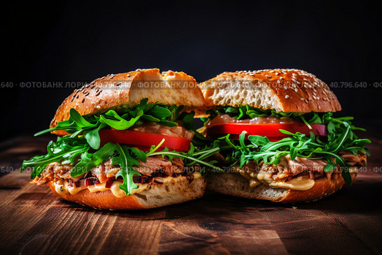 Two appetizing, meat burgers with avocado and tomatoes on a cutting board. Generative AI. Стоковое AI-изображение, AI-художник Юрий Поздников / Фотобанк Лори