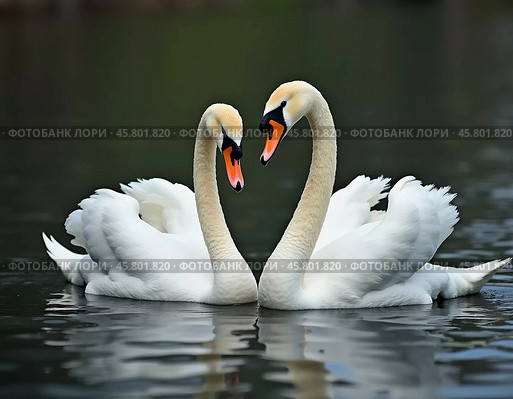 Two beautiful swans swim together in tranquil water, reflecting their graceful forms as morning light. Swans Cygnus are a genus of birds from order Anseriformes of the duck family. Generative AI. Стоковое AI-изображение, AI-художник Юлия Петровская / Фотобанк Лори