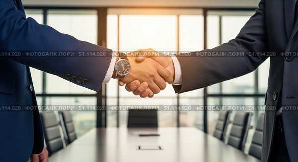 Two businessmen in suits shaking hands in modern boardroom. Executive partnership agreement with city view background. Successful corporate deal, merger and acquisition concept. Стоковое AI-изображение, AI-художник Павел Муравьев / Фотобанк Лори