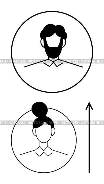 Two circular silhouettes of a bearded man and a bun-wearing woman connected by an upward arrow. Ideal for gender identity, transformation, equality, diversity, inclusion, progress, change. Line. Gender Transition Concept with Male and Female Silhouettes in Minimalist Design. Стоковая иллюстрация, агентство Ingram Publishing / Фотобанк Лори