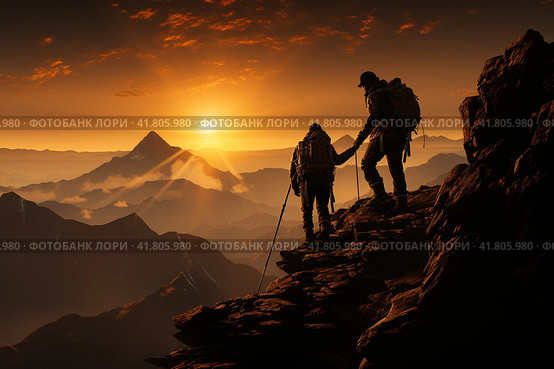 Two climbers help each other in the mountains,  Generative AI. Стоковое AI-изображение, AI-художник Анна Кривицкая / Фотобанк Лори