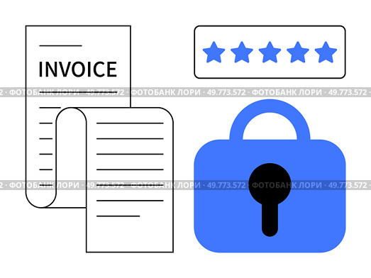 Two documents labelled invoice, a padlock symbolizing security and a five-star rating. Ideal for online payment systems, financial security, customer satisfaction, invoicing software and business. Secure Payment and Invoice Management with Customer Feedback Rating. Стоковая иллюстрация, агентство Ingram Publishing / Фотобанк Лори