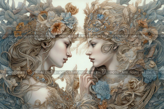 Two elegant girls in a fantasy style, their faces turned to each other in a deep and expressive look. They are adorned with luxurious wreaths and crowns made of flowers, leaves, woven patterns and precious stones. The composition amazes with its detail and harmony of shades, where muted golden-beige, blue and gray-silver tones dominate.Every detail of their hair, jewelry and clothing is executed with filigree precision, creating an effect of aristocratic elegance. Their gentle faces and smooth lines of movement emphasize the subtlety, sophistication and mystical connection between them.The image is reminiscent of mythological or fairy-tale characters, perhaps goddesses, fairies or spirits of nature, locked in a moment of quiet communication and understanding. The painting conveys a sense of magic, beauty and eternity. Стоковое AI-изображение, AI-художник Анна Кривицкая / Фотобанк Лори
