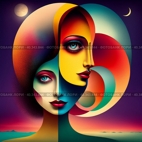 Two-faced portrait of a woman on a colorful background in a surrealistic style. AI generative. Стоковое AI-изображение, AI-художник Роман Дзюбало / Фотобанк Лори