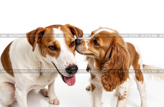 Two friendly dogs playing together, love and trust between pets, happy animals on white background, adorable moment, loyal companions showing affection and connection. Стоковое AI-изображение, AI-художник Павел Муравьев / Фотобанк Лори
