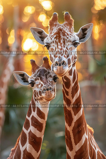 Two giraffes close together, gently nuzzling in a display of affection and connection. Стоковое AI-изображение, AI-художник Veniamin Kraskov / Фотобанк Лори