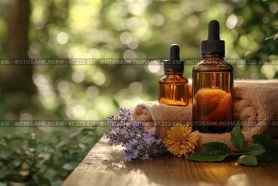 Two glass bottles with pipettes filled with essential oils or serums. They stand on folded soft pastel towels, creating an atmosphere of spa treatments and relaxation. Nearby lie fresh lavender flowers and yellow flowers, adding naturalness and harmony. The background is blurred, with greenery and soft sunlight, creating a feeling of freshness, nature and self-care. Стоковое AI-изображение, AI-художник Анна Кривицкая / Фотобанк Лори