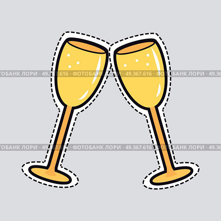 Two Golden Clinking Glasses. Cut out of Paper. Illustration of two clinking golden glasses. Cut out of paper. Simple cartoon design. Bright yellow cups for champagne in oval shape on long legs. Some bubbles inside. Flat design. Side view. Vector. Стоковая иллюстрация, агентство Ingram Publishing / Фотобанк Лори
