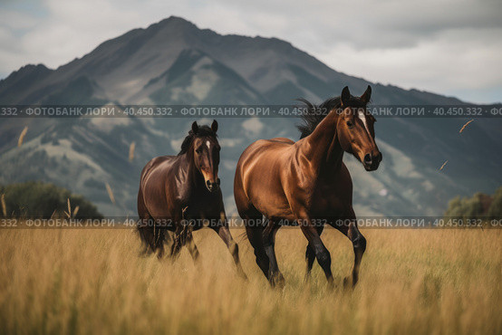 Two horses running in a field with mountains in the background. Generative AI image. Стоковое AI-изображение, AI-художник Сергей Старуш / Фотобанк Лори