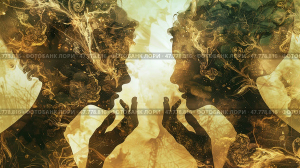 Two human silhouettes stand facing each other against a plain background. Стоковое AI-изображение, AI-художник Данила Большаков / Фотобанк Лори