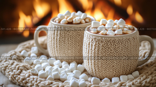 Two knitted mugs filled with hot chocolate, adorned with fluffy marshmallows, rest beside a crackling fireplace in a warm winter atmosphere. Стоковое AI-изображение, AI-художник Данила Большаков / Фотобанк Лори