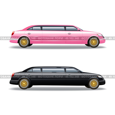 Two Limousine Icons Set . Luxury limousine car for celebrities or government politicians two isolated banners icons in pink and black vector illustration . Стоковая иллюстрация, агентство Ingram Publishing / Фотобанк Лори