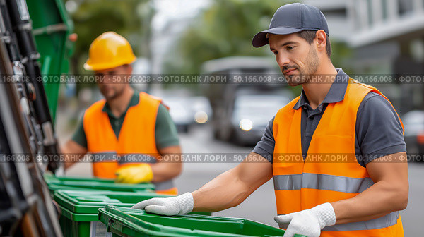 Two male waste management workers in bright safety vests are collecting garbage bags from green bins on a city street, showcasing teamwork and environmental responsibility. Стоковое AI-изображение, AI-художник Ирина Ручушкина / Фотобанк Лори