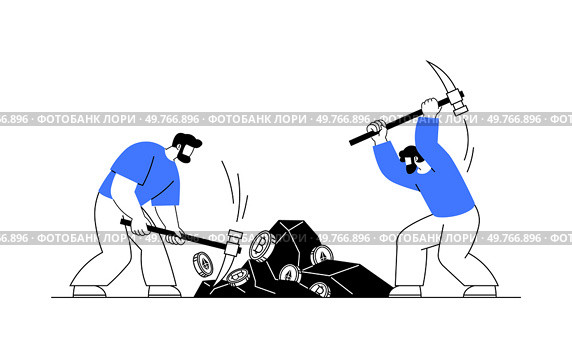 Two men with tools mining digital cryptocurrency coins from rocks. Depicts cryptocurrency, mining, blockchain technology. Useful for digital currency, fintech, crypto mining.. Two men mining cryptocurrency, using tools to break rocks filled with digital coins, digital artwork. Стоковая иллюстрация, агентство Ingram Publishing / Фотобанк Лори