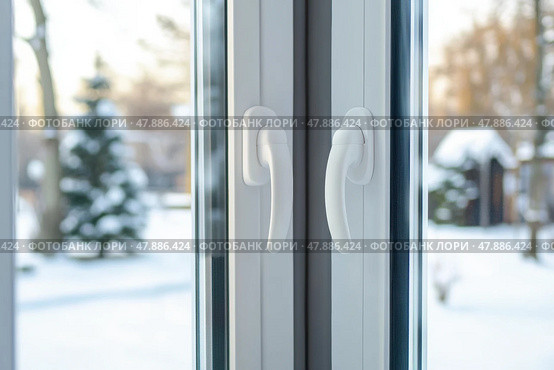 Two New plastic PVC window with white metal frame, handles. installed at modern house, view of blurred winter backyard. Advertising. Typical installation of insulated glazing windows with uPVC frame. Стоковое AI-изображение, AI-художник Марина Демидюк / Фотобанк Лори