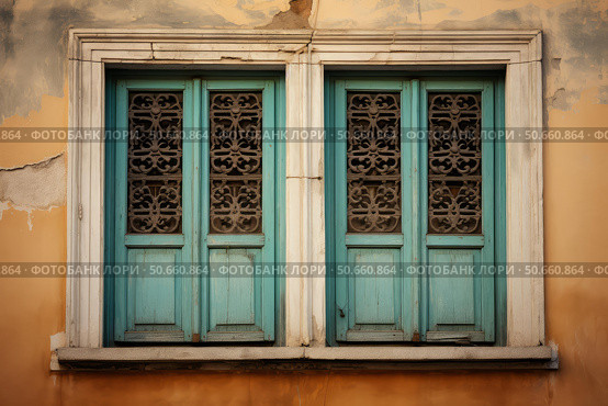 Two old turquoise windows with decorative grilles on a damaged orange wall. Стоковое AI-изображение, AI-художник Иван Рябоконь / Фотобанк Лори