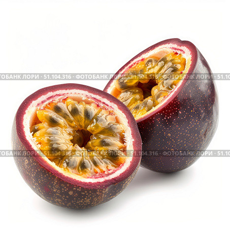 Two passion fruit halves showing ripe seeds and pulp. Стоковое AI-изображение, AI-художник Иван Рябоконь / Фотобанк Лори