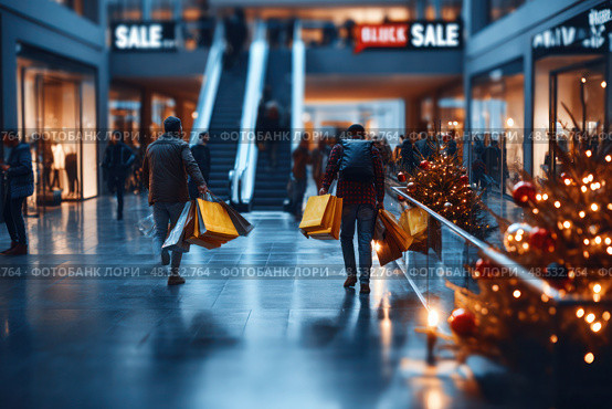Two people are walking through a mall with Christmas decorations. Стоковое AI-изображение, AI-художник Ярославский Максим / Фотобанк Лори