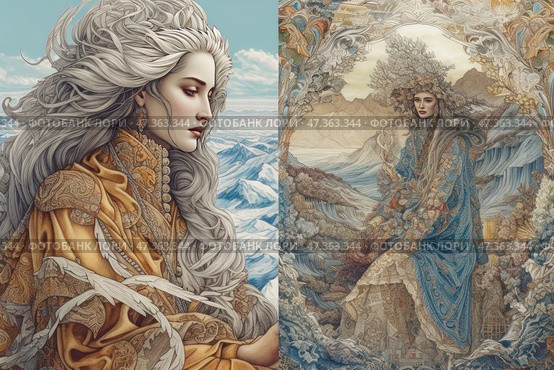 Two portraits of majestic women, executed in a fairy-tale, decorative and fantastic style with high attention to detail. Both heroines are depicted surrounded by mountain landscapes and complex ornaments, symbolizing the connection with nature and the elements.Left: A woman with long silver hair, dressed in a golden-ochre outfit with rich embroidery and patterns. Her gaze is directed downwards, her pose is calm and majestic. The background is snow-capped mountains, conveying a feeling of icy purity, strength and solitude.Right: A woman in a blue and gold robe, sitting in a frame of architectural and natural forms, reminiscent of an ornate portal. Her hair is decorated with a wreath or a tree, passing into the background, where rivers, hills and rocks create the illusion of unification with the landscape. The atmosphere is deep, symbolic and mystical. Стоковое AI-изображение, AI-художник Анна Кривицкая / Фотобанк Лори