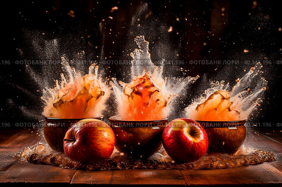 Two red apples and three clay pots on a dark background. Стоковое AI-изображение, AI-художник Ярославский Максим / Фотобанк Лори