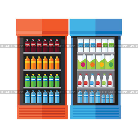 Two Showcases Refrigerators Drinks. Bluea and orange showcases refrigerators for cooling drinks in bottles. Different colored bottles in drinks fridges. Fridge dispenser cooling machine. Isolated objects in flat design on white background. Стоковая иллюстрация, агентство Ingram Publishing / Фотобанк Лори