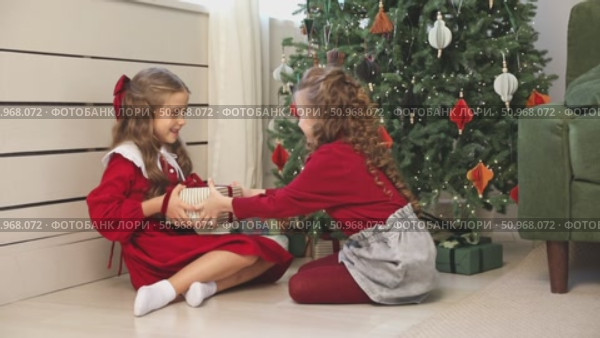 Two sisters, little girls pulling big wrapped gift box with red ribbon, fighting near decorated Christmas tree cannot share a present on Christmas morning. Slow motion winter holidays footage. Стоковое видео, видеограф Ирина Михайличенко / Фотобанк Лори