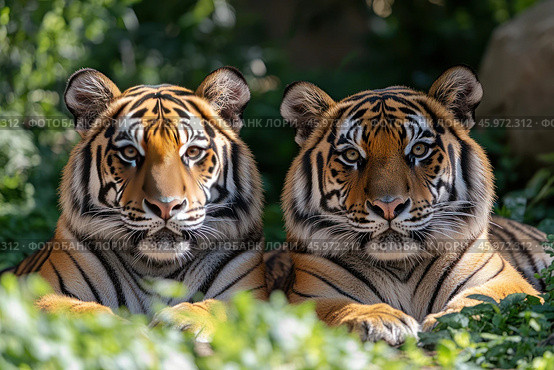 Two tigers lying side by side against a backdrop of lush greenery. Their gazes are directed straight at the camera, creating a sense of power and confidence. Both tigers have distinctive coats: red with black stripes, which clearly stand out from the surrounding nature. They have thick fur, which especially highlights the white areas around their muzzles and chins. The green leaves in the foreground create a frame and enhance the feeling of a natural environment. The sunlight falls softly on their fur, highlighting the textures and contrasts of the stripes. The composition conveys an atmosphere of calm and majesty of the wild. Стоковое AI-изображение, AI-художник Анна Кривицкая / Фотобанк Лори