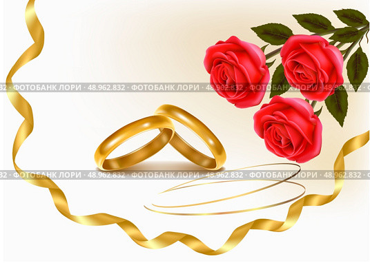 Two wedding rings and roses bouquet. Vector illustration. . Стоковая иллюстрация, агентство Ingram Publishing / Фотобанк Лори