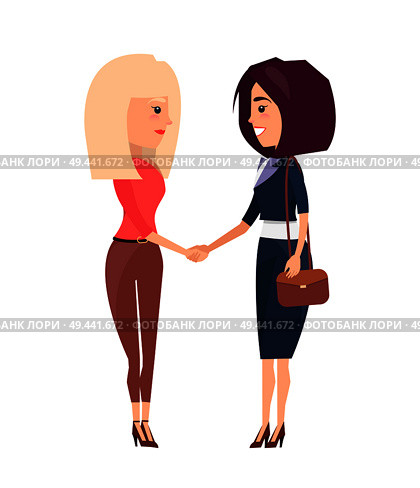 Two women blonde and brunette shake hands greeting each other or coming to conclusion vector illustration cartoon business woman isolated on white. Two Women Blonde and Brunette Shake Hands Greeting. Стоковая иллюстрация, агентство Ingram Publishing / Фотобанк Лори