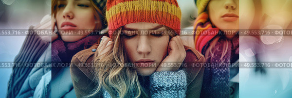 Two women dressed in winter attire, with hats and scarves, standing in the snow. Стоковое AI-изображение, AI-художник Данила Большаков / Фотобанк Лори