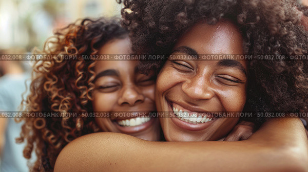 Two women embracing each other warmly, both smiling happily. Стоковое AI-изображение, AI-художник Данила Большаков / Фотобанк Лори
