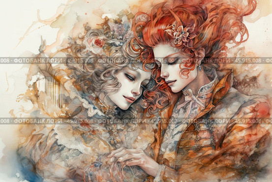 Two women in the style of the Romantic era, depicted in watercolor. Their faces are slightly tilted towards each other, creating a feeling of tenderness and closeness. One of the women has lush golden-blond hair decorated with flowers, the other has bright red curls, emphasizing her energy. They are dressed in rich outfits with elegant lace and decorative elements, typical of the 18th century. The color scheme of the image includes warm shades - ochre, beige, terracotta - with soft transitions, creating an atmosphere of coziness and harmony. The background is slightly blurred, with elements of abstraction and an emphasis on soft lines, which gives the work lightness and sensuality. Стоковое AI-изображение, AI-художник Анна Кривицкая / Фотобанк Лори