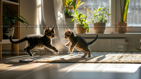 Two young kittens engaging in playful behavior on the floor, chasing each other and batting at one another with their paws. Стоковое AI-изображение, AI-художник Данила Большаков / Фотобанк Лори