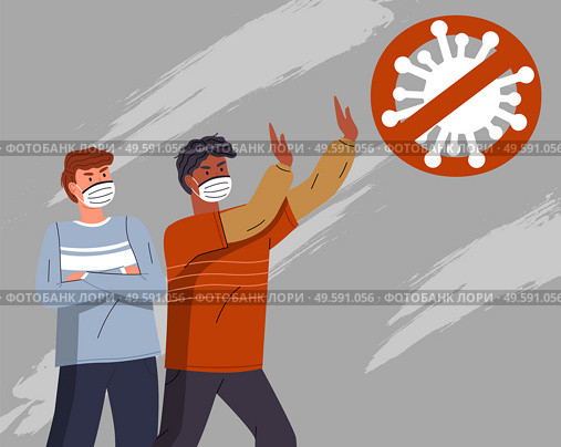 Two young mix race men wearing face medical masks show stop gesture to crossed out virus sign. Attention to world pandemy. People protesting against spreading virus pandemic. Cartoon characters. Two young mix race guys wearing face medical masks fighting with virus, crossed out virus icon. Стоковая иллюстрация, агентство Ingram Publishing / Фотобанк Лори