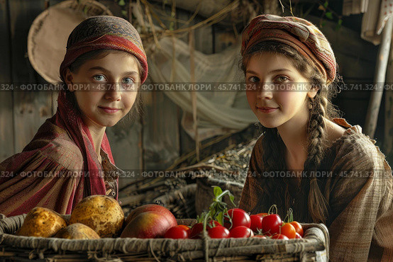 Two young peasant girls showing fresh produce from their farm. Стоковое AI-изображение, AI-художник Иван Рябоконь / Фотобанк Лори