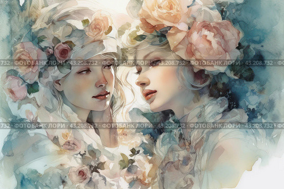 Two young women deep in conversation. Their faces are framed by floral crowns made from delicate pink and cream roses. The women are dressed in light, airy dresses that add romance and tenderness to the image. The painting is made using watercolor technique, which gives the image softness and blurriness, creating an atmosphere of dreaminess and calm. Стоковое AI-изображение, AI-художник Анна Кривицкая / Фотобанк Лори
