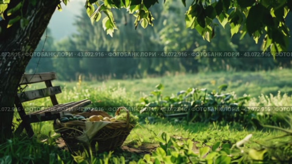 Уединенная скамейка и корзина с урожаем на поляне. Стоковое AI-видео, аниматор Анна Добрыдень / Фотобанк Лори