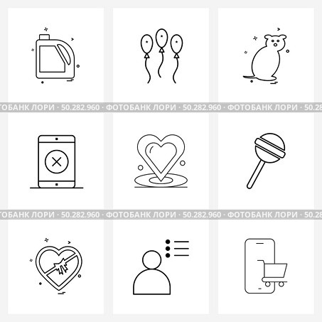 UI Set of 9 Basic Line Icons of romance, heart, animal, rejected, message Vector Illustration. Стоковая иллюстрация, агентство Ingram Publishing / Фотобанк Лори